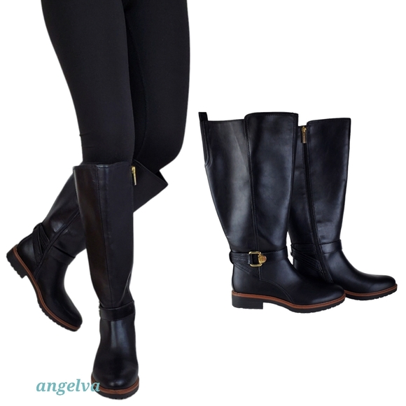 New Tommy Hilfiger frankly wide calf faux leather riding boots black gold wide - Picture 4 of 14